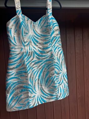 Lilly Pulitzer Arlene Metallic Silver and Teal Romper Sz. 14